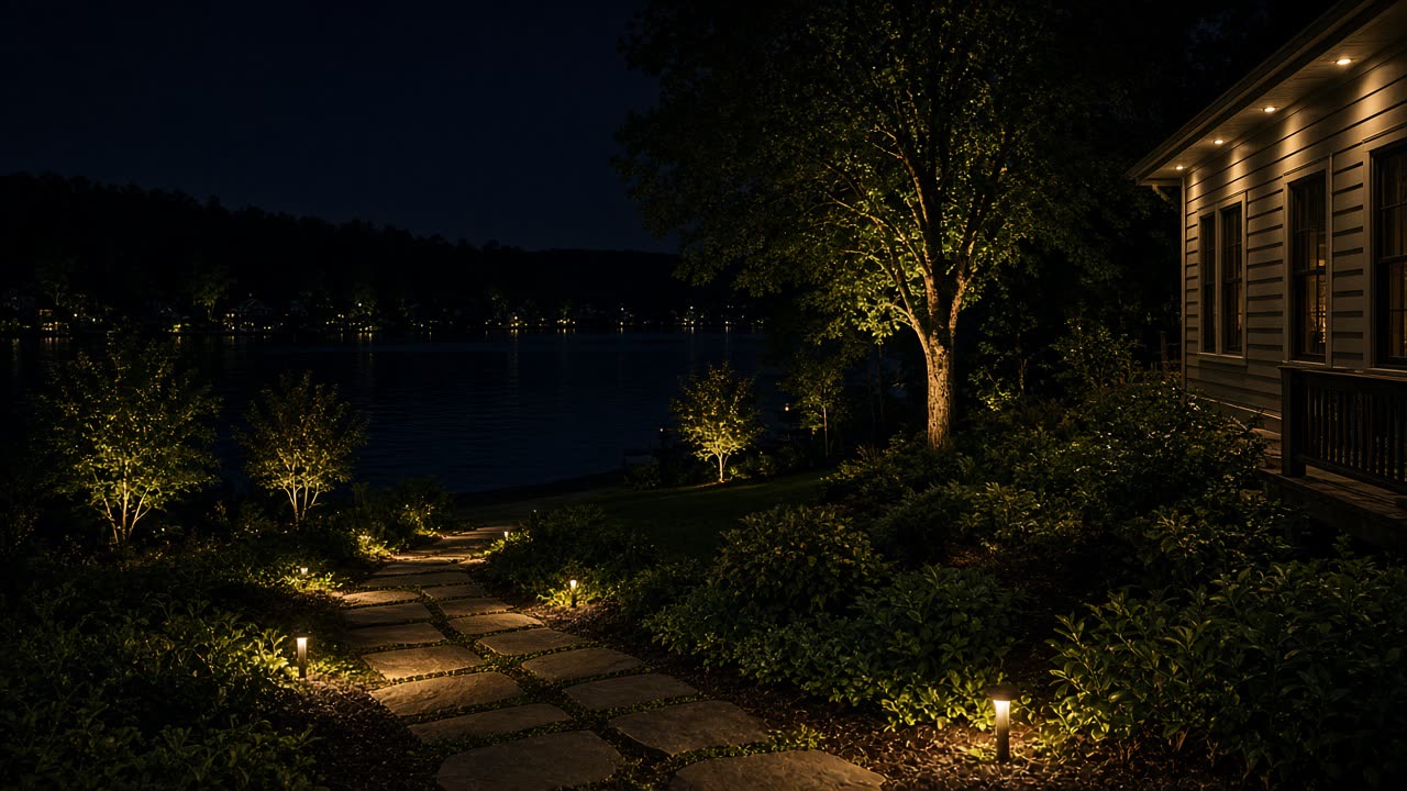 The same yard with path lights and uplights on (illustration)